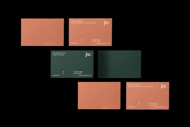 Fenway Center business card set in terracotta and green, minimal, luxury, dark