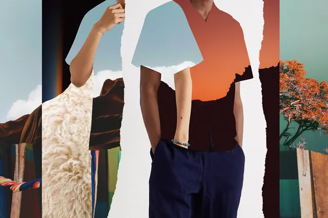 Layered editorial collage with warped figures, editorial, abstract, light