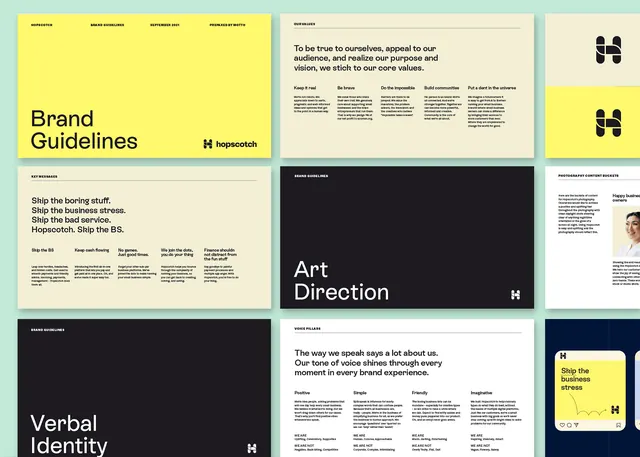 Multi-panel brand guidelines with yellow accents, minimal, corporate-clean, warm