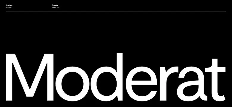 Moderat typeface specimen in stark monochrome, minimal, dark-mode, dark