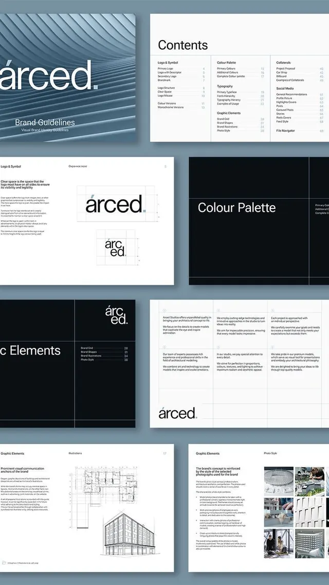 Arced visual identity guidelines, minimal, corporate-clean, dark