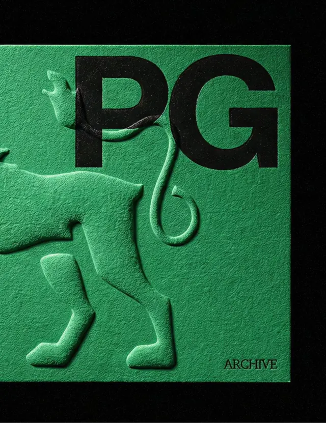 Embossed animal silhouette with bold initials, editorial, minimal, dark