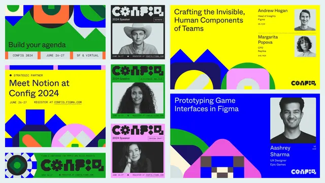 Config 2024 promo and speaker template set, geometric, flat, vibrant
