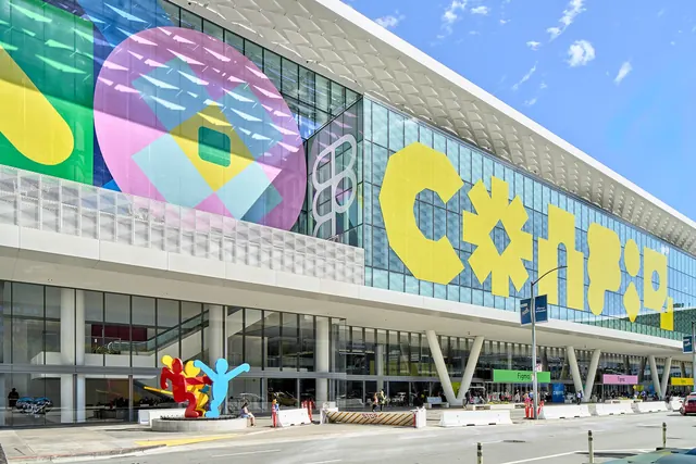 Config 2024 convention center facade takeover, geometric, architectural, vibrant