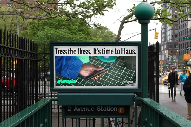 Flaus subway entrance billboard, photographic, minimal, muted