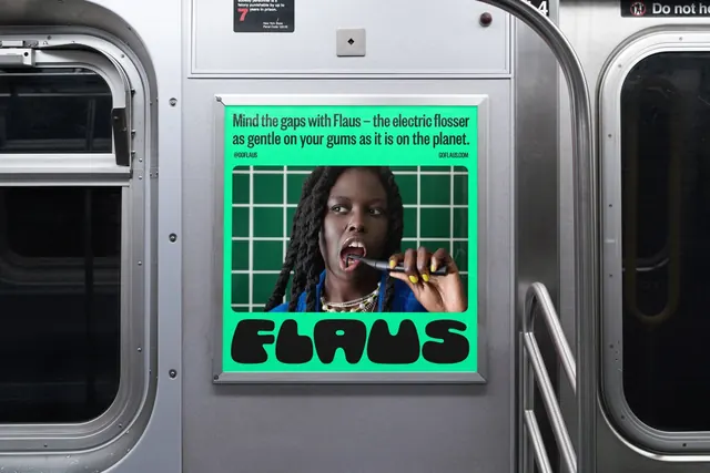 Flaus subway car poster, photographic, typographic, vibrant