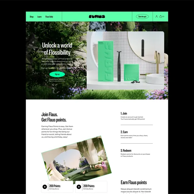 Flaus rewards page with green nav and 3D garden hero, minimal, 3d-render, vibrant