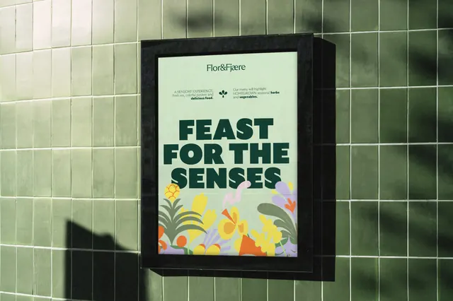 Flor and Fjaere lightbox poster on green tile, editorial, illustrated, earthy
