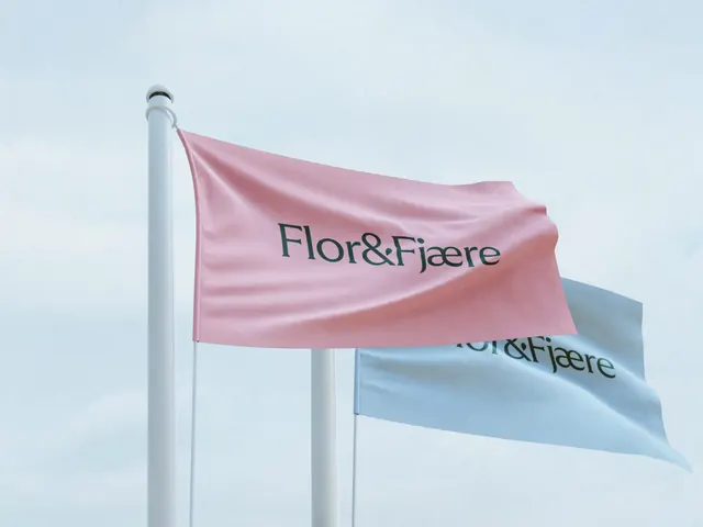 Flor and Fjaere wordmark on pink and blue flags, minimal, photographic, pastel
