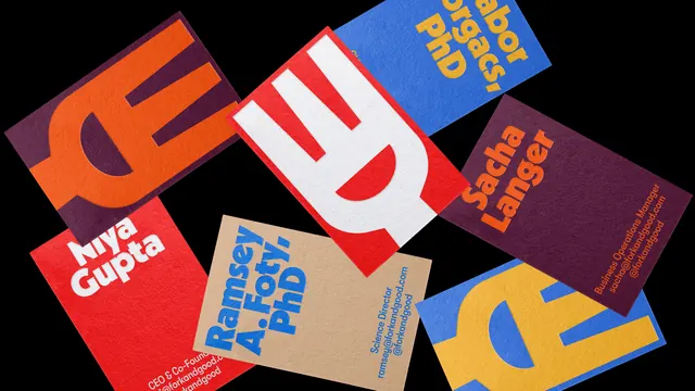 Fork & Good business cards on black, typographic, geometric, vibrant