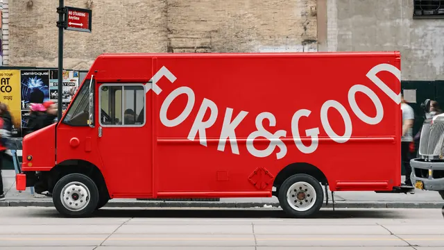 Fork & Good red delivery truck livery, photographic, typographic, vibrant