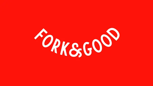 Fork & Good curved wordmark on red, typographic, minimal, vibrant