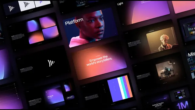 Frame.io brand guidelines slides in perspective, dark-mode, gradient-heavy, dark