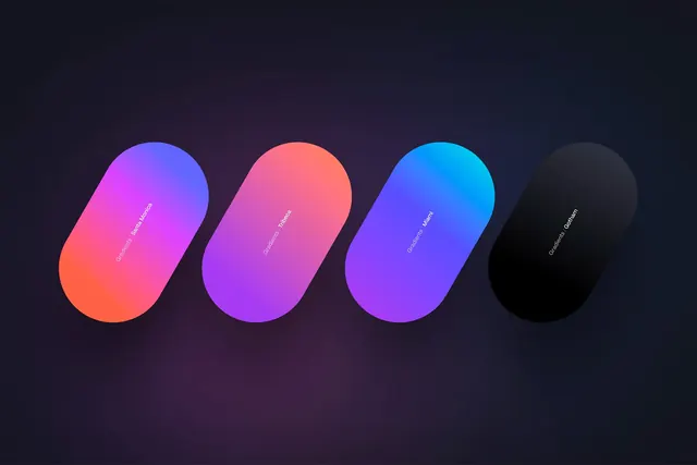Frame.io named gradient capsules on near-black, dark-mode, gradient-heavy, dark