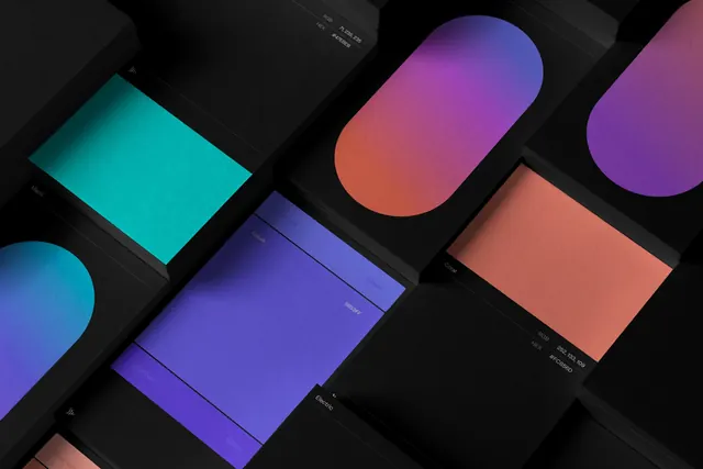 Frame.io printed colour spec cards photographed on black, dark-mode, photographic, dark