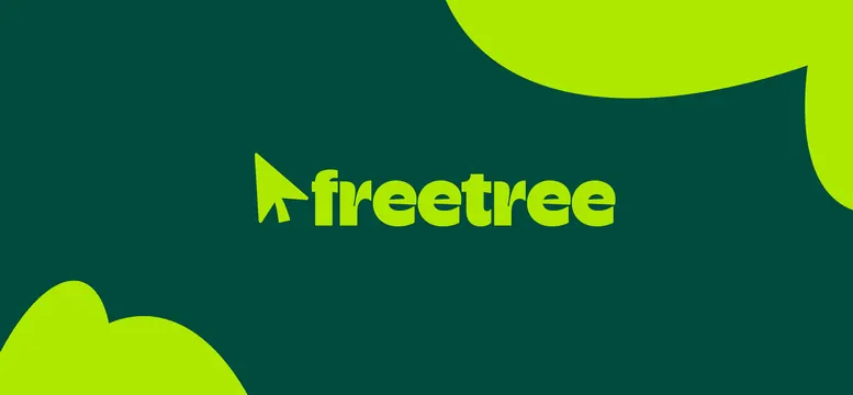 Freetree lime cursor-leaf lockup on forest green, flat, playful, vibrant