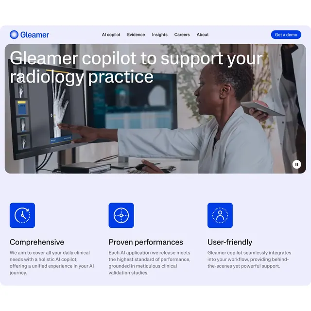 Gleamer desktop homepage with video hero and icon trio, minimal, corporate-clean, light