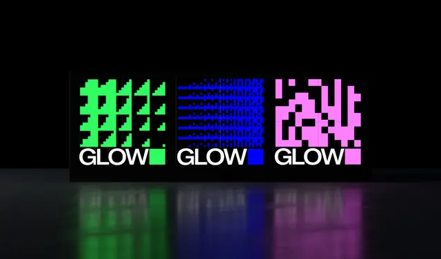 Glow festival LED wall in three neon colorways, dark-mode, geometric, dark