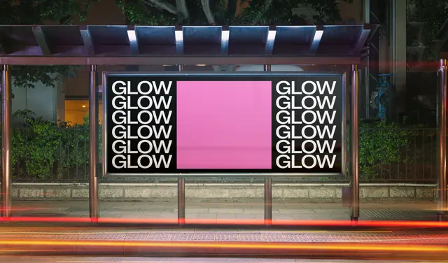 Glow repeated-wordmark transit shelter poster at night, dark-mode, typographic, dark