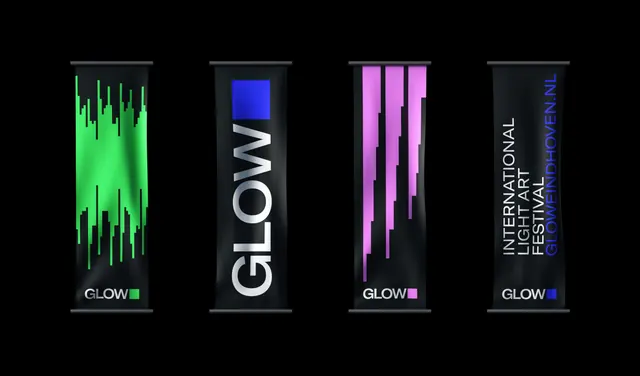 Glow festival hanging banners in four variants, dark-mode, geometric, dark