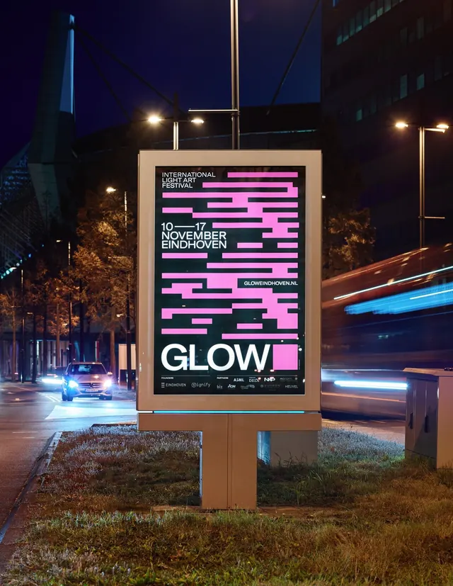 Glow pink pixel-bar citylight poster at night, dark-mode, typographic, dark