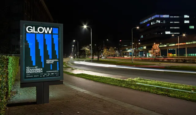 Glow blue pixel-column poster on a night roadside, dark-mode, geometric, dark