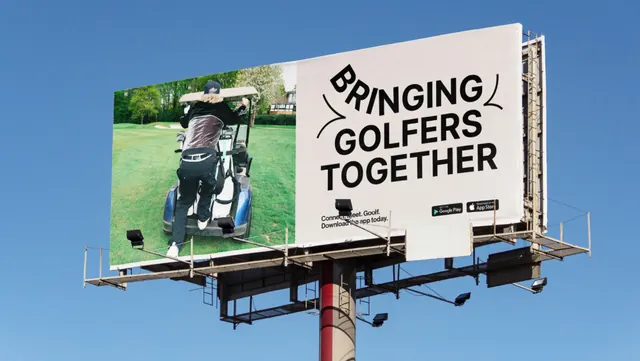 Goolf billboard with arched all-caps headline, photographic, typographic, light