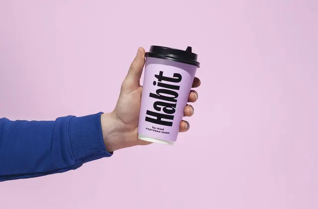 Habit Coffee lilac takeaway cup, minimal, photographic, pastel
