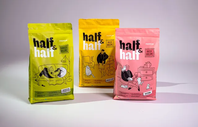 Half and Half cat food pouch trio, illustrated, line-art, vibrant