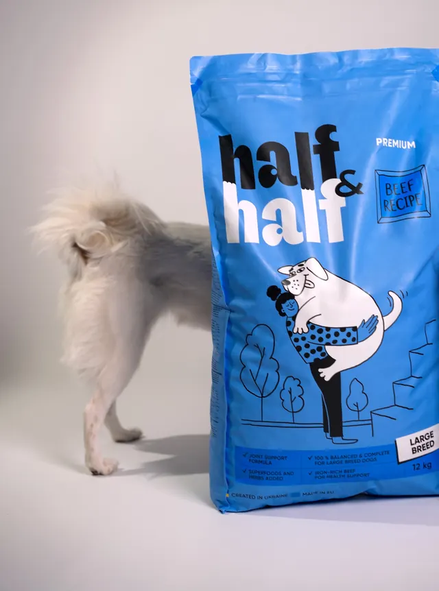 Half and Half large breed pack with dog, photographic, illustrated, vibrant