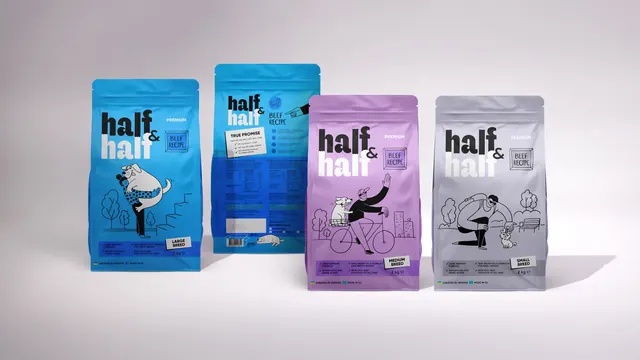 Half and Half dog food range by breed size, illustrated, flat, cool