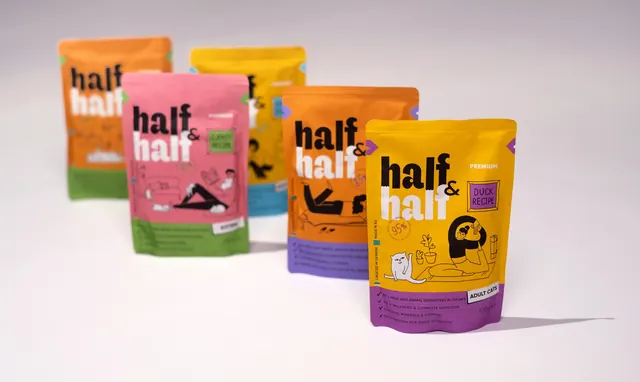 Half & Half cat food pouch range, playful, illustrated, vibrant