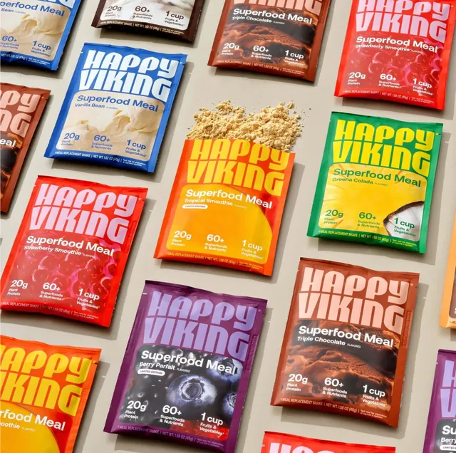 Happy Viking sachet flat lay, flat, typographic, vibrant