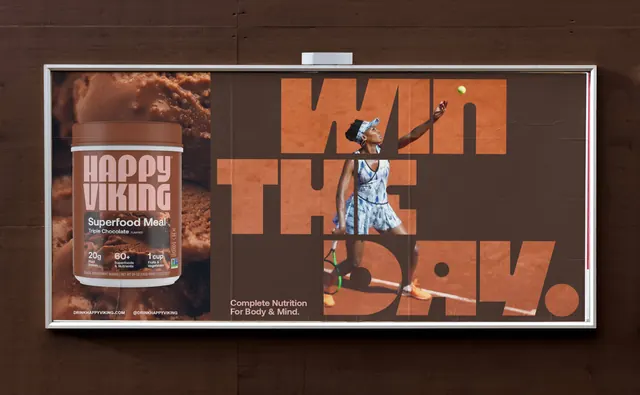Happy Viking Win The Day billboard, typographic, photographic, warm