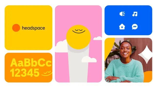 Headspace brand elements bento board, flat, illustrated, vibrant