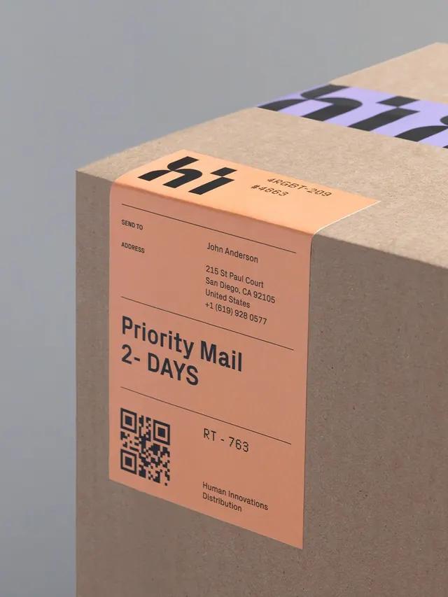 Human Innovations shipping label on kraft box, minimal, technical, muted