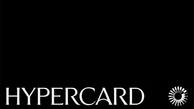 Hypercard wordmark and sunburst lockup on black, minimal, typographic, dark