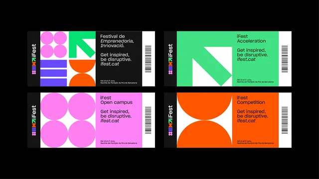iFest event tickets in a four-up grid, flat, geometric, dark