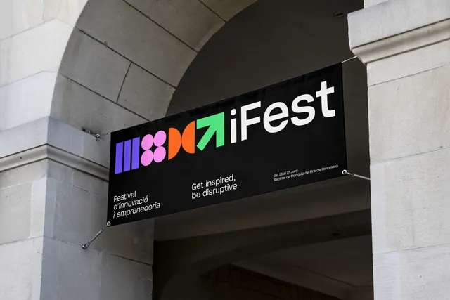 iFest festival banner under a stone arch, geometric, flat, dark