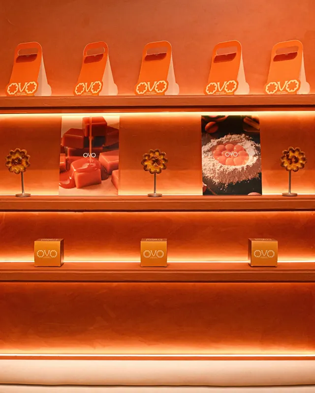OVO egg tart brand identity and packaging (slide 8), photographic, playful, warm
