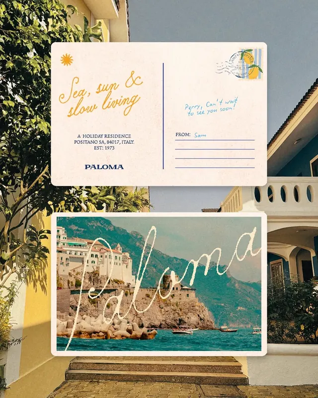 Paloma Mediterranean holiday residence brand identity (slide 8), organic, editorial, warm