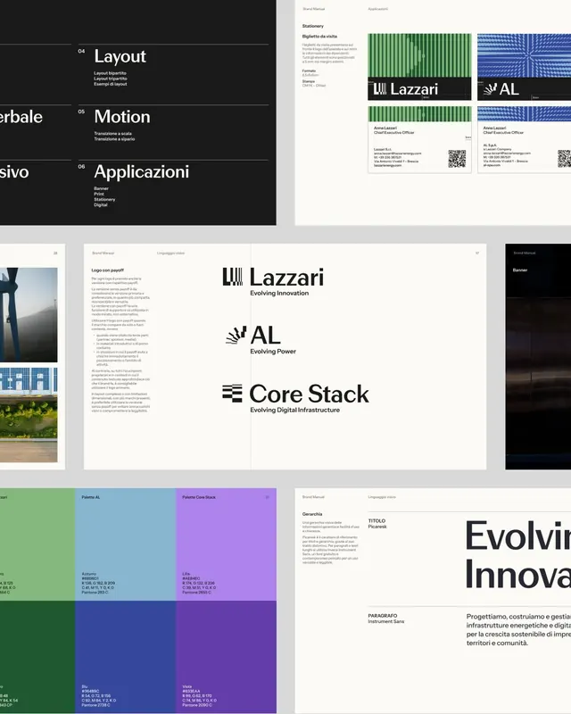 Lazzari Group brand identity system for three renewable companies (slide 3), minimal, geometric, vibrant