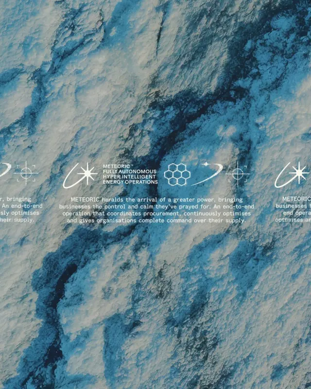 Meteoric: sci-fi energy company branding (slide 6), dark-mode, gradient-heavy, dark
