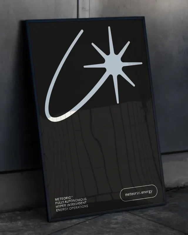 Meteoric: sci-fi energy company branding (slide 9), dark-mode, gradient-heavy, dark