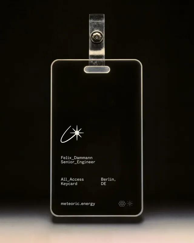 Meteoric: sci-fi energy company branding (slide 14), dark-mode, gradient-heavy, dark