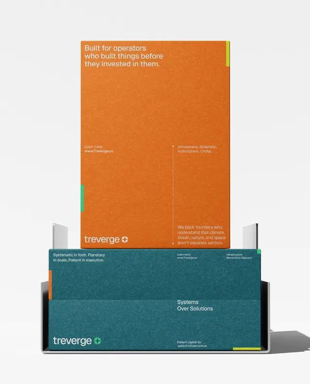 Treverge brand identity for climate capital (slide 1), editorial, corporate-clean, warm