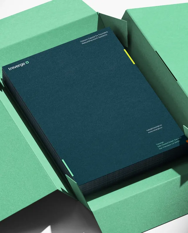 Treverge brand identity for climate capital (slide 6), editorial, corporate-clean, warm