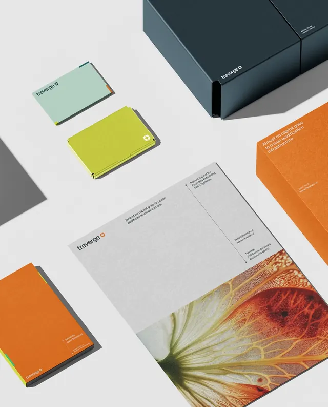 Treverge brand identity for climate capital (slide 7), editorial, corporate-clean, warm
