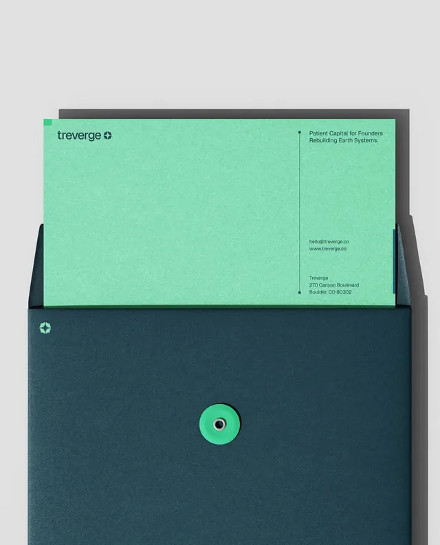 Treverge brand identity for climate capital (slide 10), editorial, corporate-clean, warm