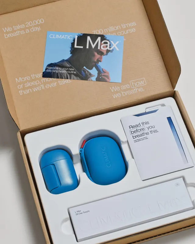 Climatic LMax brand identity and packaging (slide 4), minimal, 3d-render, vibrant